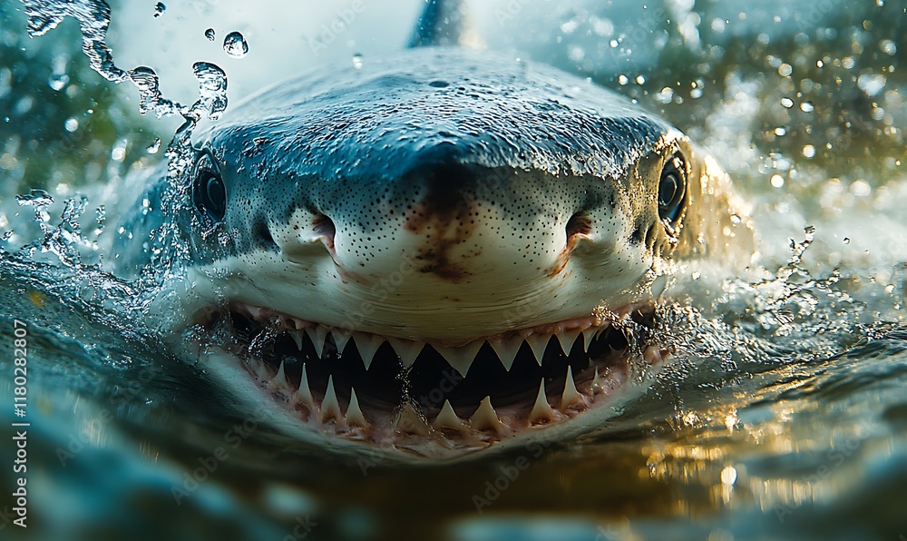Poster a close-up of a shark showing its teeth in a dynamic aquatic environment.