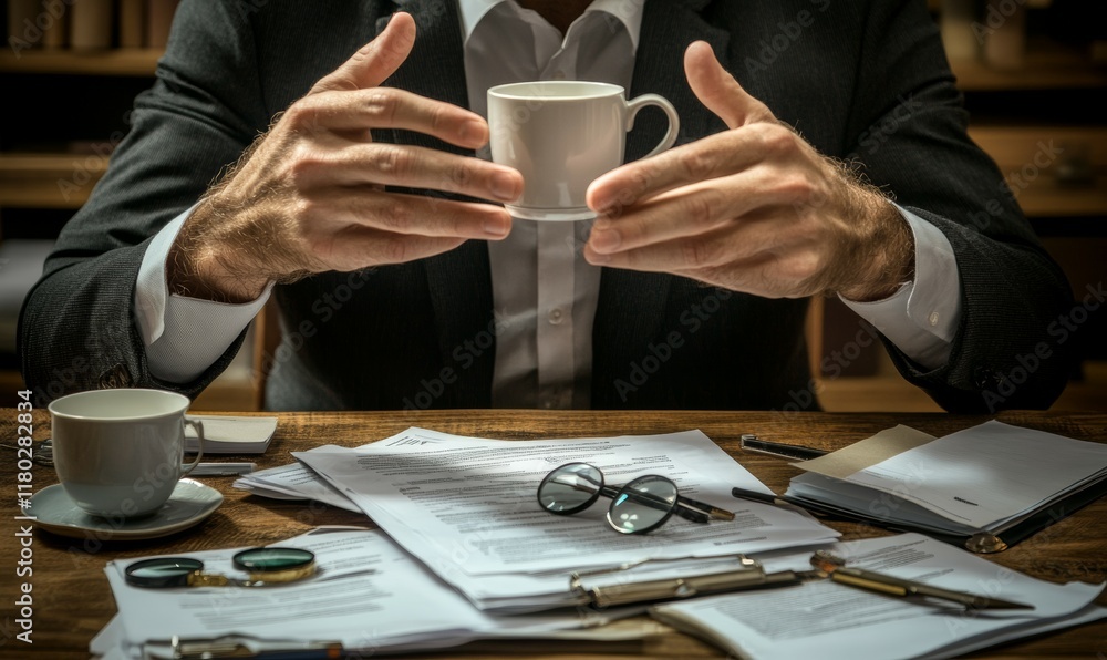 Poster businessman with many hands in a suit. works simultaneously with several objects, a mug, a magnifyin