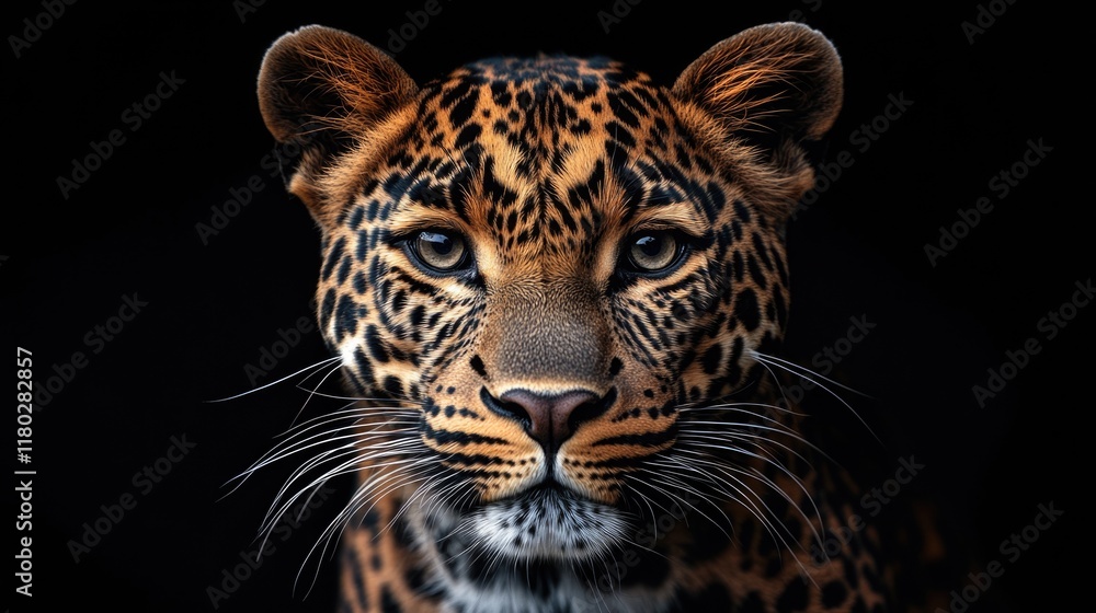 Poster close-up shot of a leopard's face on a dark background