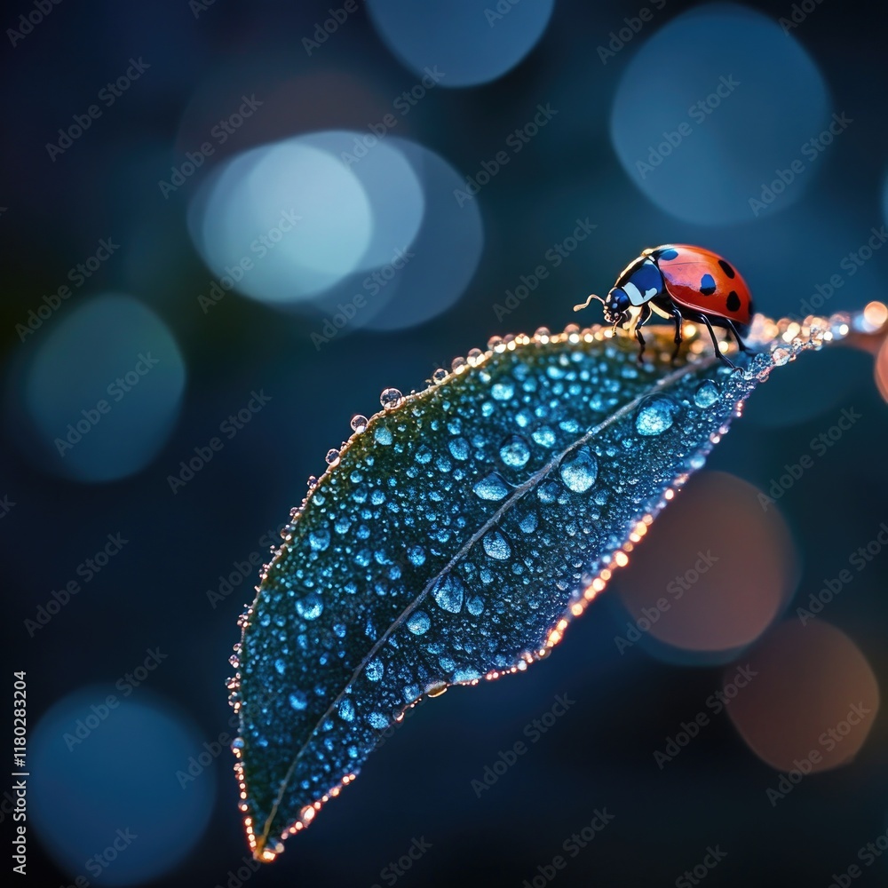 Poster a ladybug sits on top of a leaf with numerous water droplets, making it look like a miniature aquati