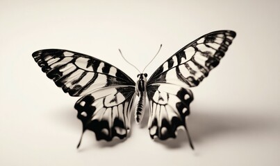 Obraz premium Butterfly with black and white wings is shown in a close up. The butterfly is resting on a white background