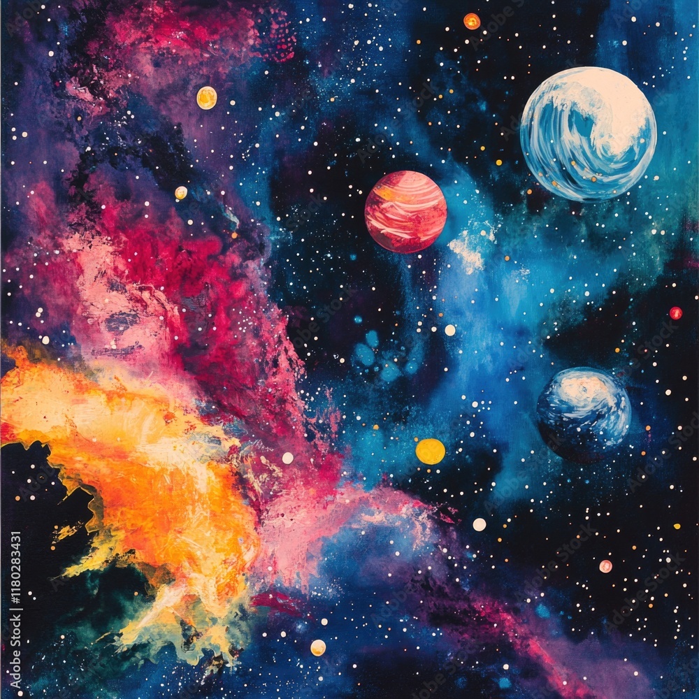 Poster Planetary system with multiple celestial bodies orbiting each other, ideal for space-themed concepts and designs