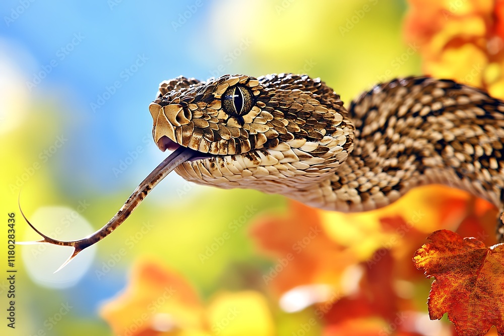 Poster a close-up of a snake with a forked tongue against a colorful background.