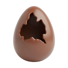 Chocolate Easter egg with a jagged crack exposing the hollow interior, displayed against a...