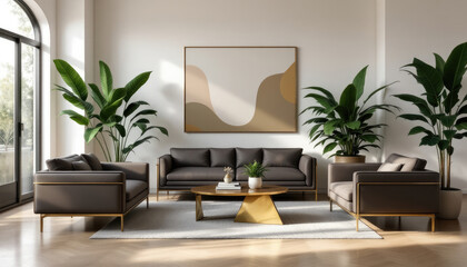 Modern art deco interor living room with a large abstract painting on the wall, two gray sofas, and two large potted plants.