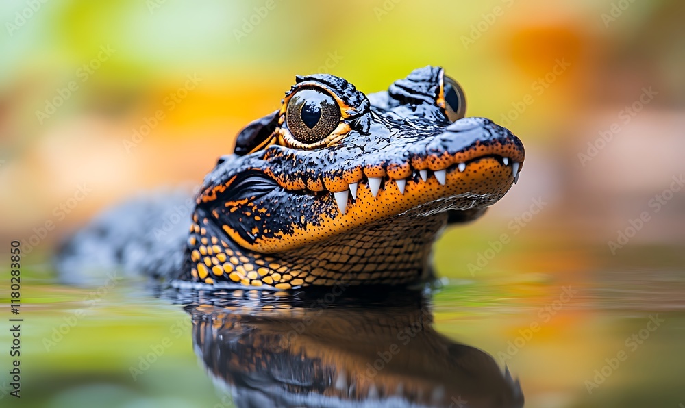 Poster a close-up of a unique reptile partially submerged in water.
