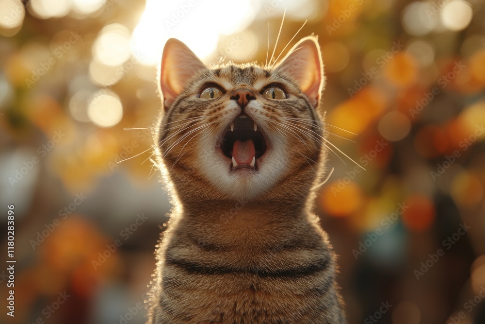 Poster a close-up shot of a cat's face with its mouth open, ready to roar or meow