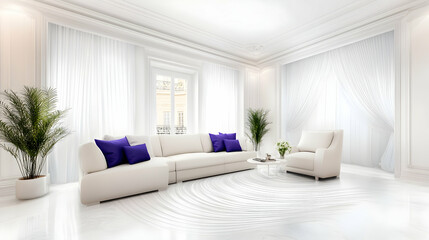 Luxurious white living room with sectional sofa, armchair, and city view; ideal for interior design websites or magazines.