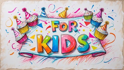 Playful FOR KIDS banner with colorful cupcakes and festive elements, ideal for children's promotions or events.