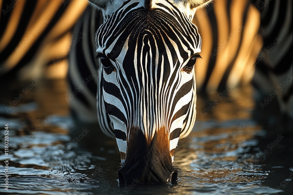 Poster a close-up shot of a zebra taking a drink from water