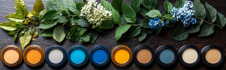  Color Palette with Leaves and Flowers on Wooden Surface
