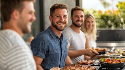 Happy Group of Friends Enjoying Food and Laughter Together at Outdoor Gathering in Bright Sunshine