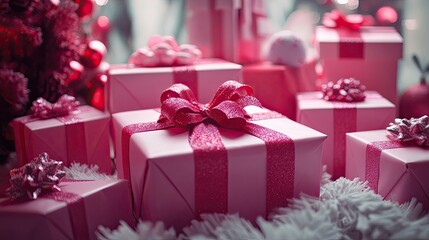 Obraz premium Group of pink Christmas gifts arranged in a stylish layout