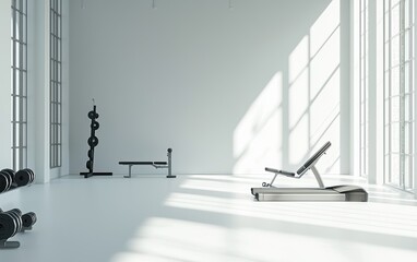 Naklejka premium A minimalist gym-themed background with a clean white floor, workout equipment, and diffused natural lighting
