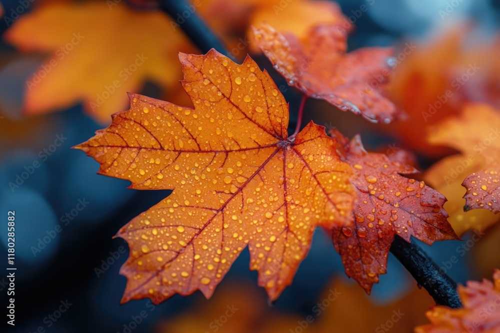 Poster a close-up shot of a leaf with water droplets glistening on its surface, perfect for nature or scien