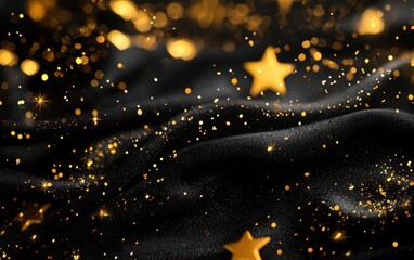 A luxurious holiday background with sparkling golden stars and a soft black velvet texture for an elegant celebration theme