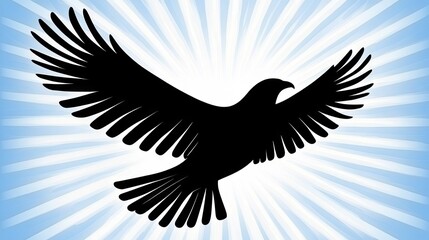 Obraz premium Silhouette of bird in flight against sunburst background. Possible use Stock photo.