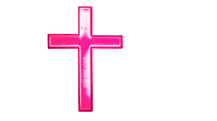 Glowing pink Christian cross on a textured brick wall background isolated