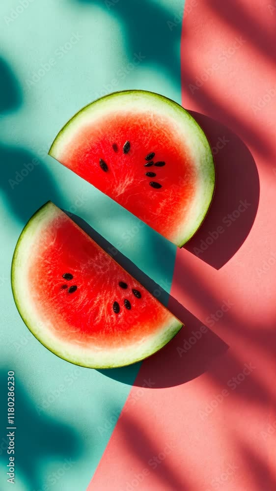 Poster brightly colored watermelon slices resting on a vivid dual-tone background with unique shadows at mi