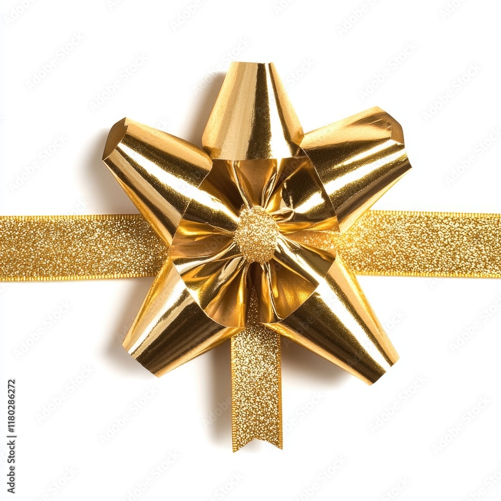 Poster a golden bow tied with a ribbon on a plain white background, great for adding a touch of luxury to y
