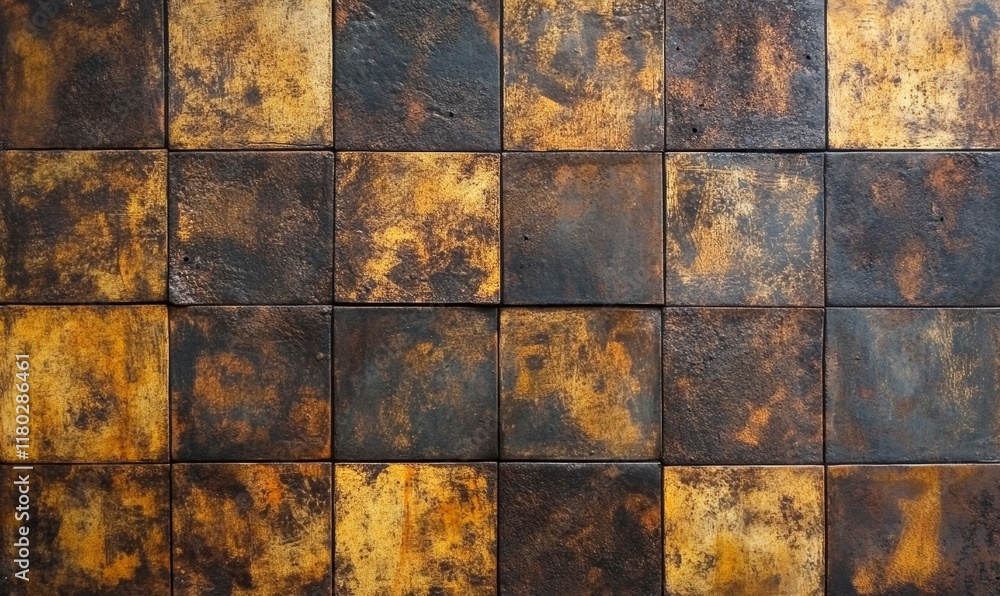 Poster close up of a metal surface with a pattern of squares. the surface is rusted and worn, giving it a v