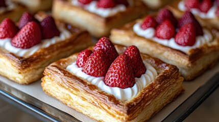 Strawberry pastries sit on a tray, ready to eat.