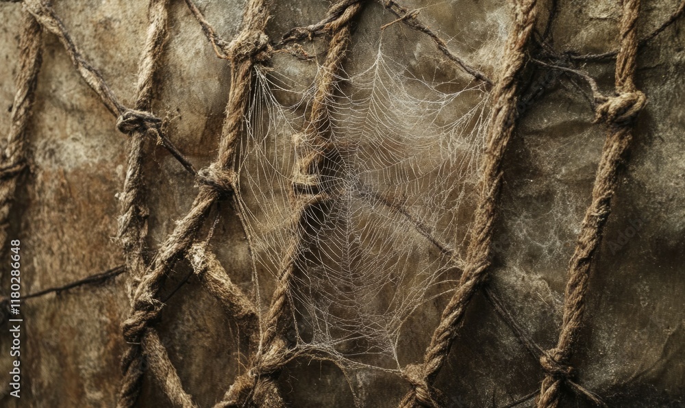 Wall mural close up of a net with a spider web on it. the spider web is in the center of the net and is surroun