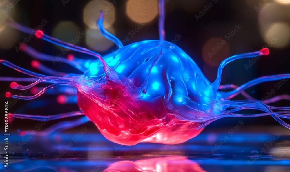 Poster close up of a red and blue blob with a lot of wires coming out of it. the blob is glowing and looks 