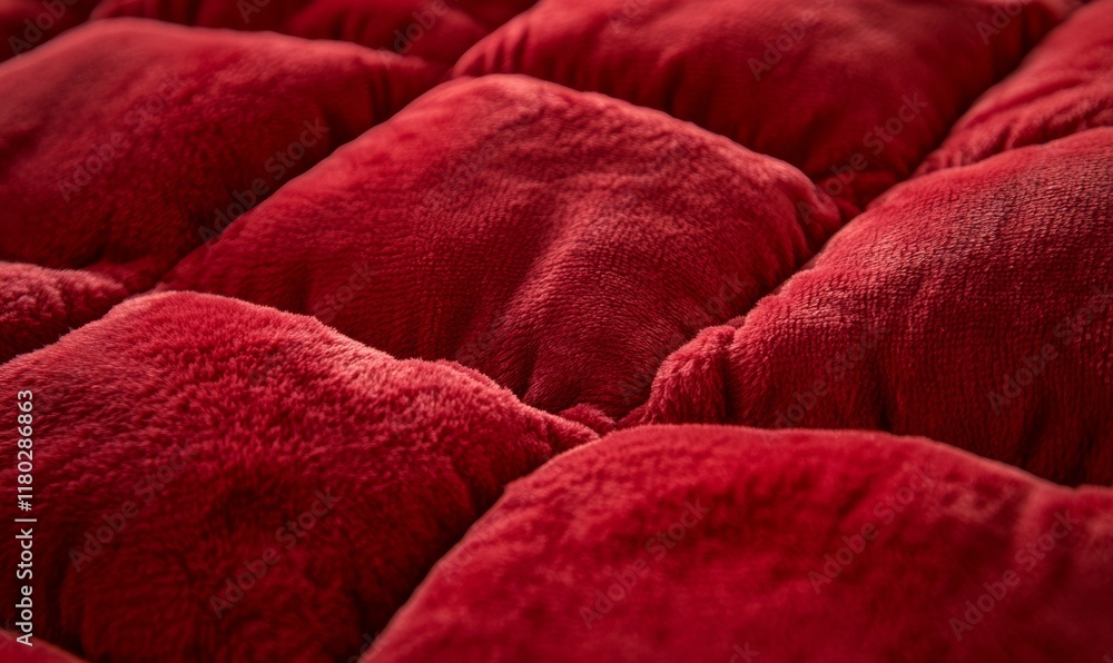 Poster close up of a red quilt with a pattern of squares. the quilt is made of a soft, plush material and h