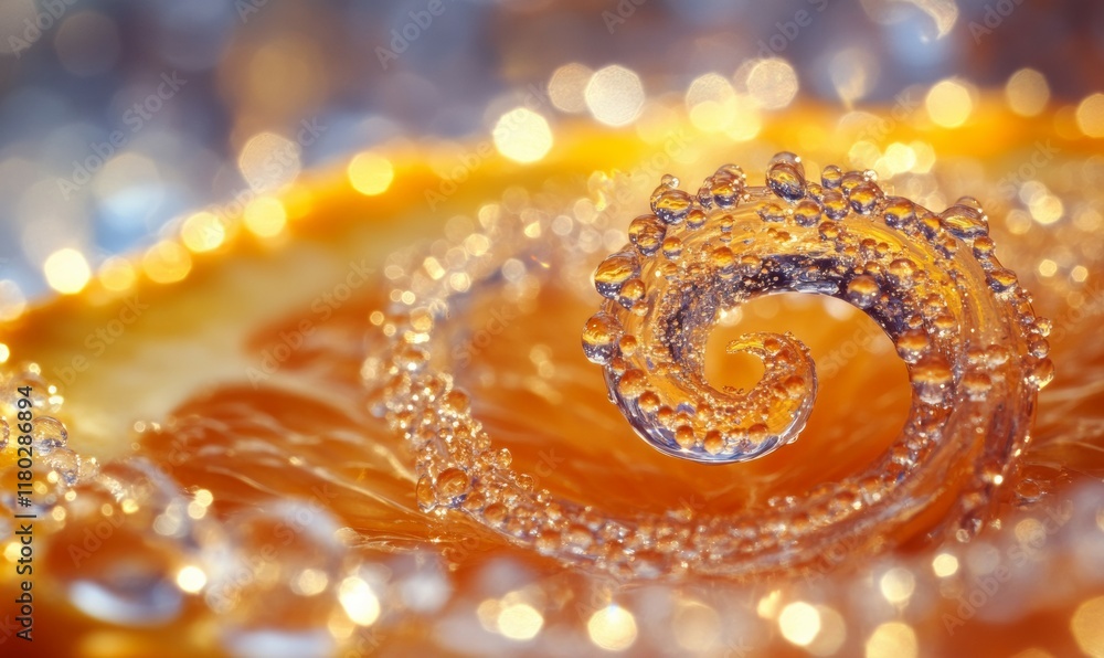 Poster close up of a slice of orange with a thin layer of water on top. the orange slice is cut into a spir