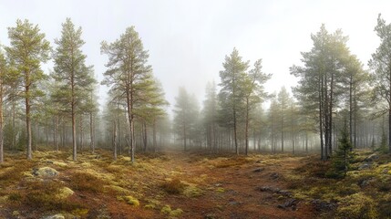 Fototapeta premium Foggy forest landscape, hiking location, tree background, nature image, possible forest therapy use