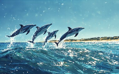 Naklejka premium A school of dolphins leaping gracefully out of the water under a clear blue sky