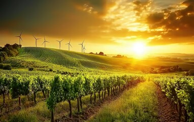 Fototapeta premium A serene green hillside covered with wind turbines under a golden sunset