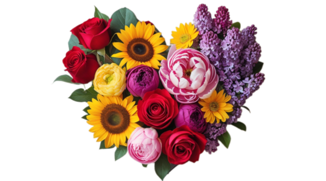 Heart made of flowers isolated on transparent or white background, valentine's day or wedding flowers love wreath, png