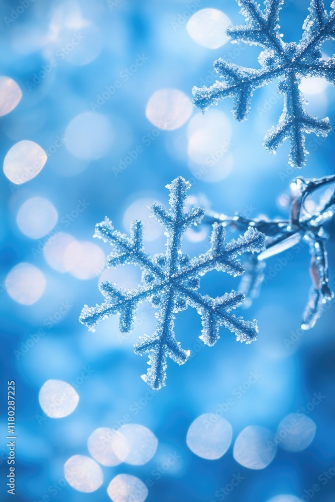 Poster A detailed view of a snowflake resting on a tree branch, perfect for winter-themed projects and designs