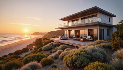 Fototapeta premium Modern beach house at sunset overlooking the ocean