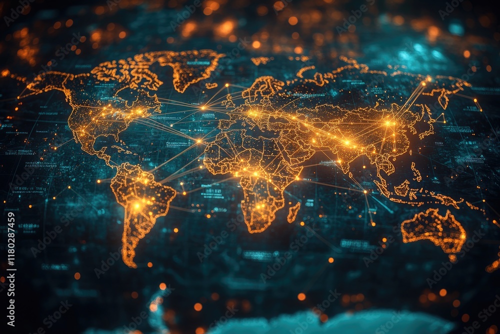 Aufkleber A map of the world with glowing lights illustrating global connections and unity