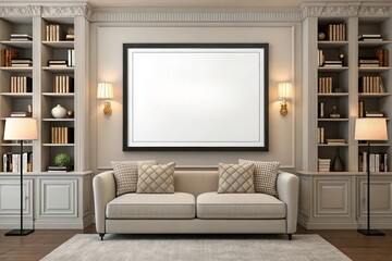 3D-Rendered Frame Mockup Set Against a Modern Classic Living Room Background. Perfect for Showcasing Art Prints, Interior Styling Concepts, and Elegant Decor Marketing.