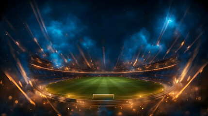 Night stadium soccer field, spotlight beams, smoke, dramatic atmosphere, perfect for sports events.