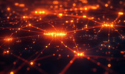 Fototapeta premium Close up of digital network with multiple servers. Virtual connections and data centers highlighted with bright lights.