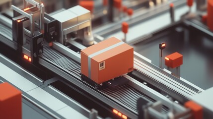 Zaawansowany system taśmociągów w nowoczesnej fabryce, gdzie pudełko przesuwa się wzdłuż stalowej taśmy transportowej.