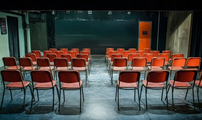 Chairs and seats on a stage set up for an event.
