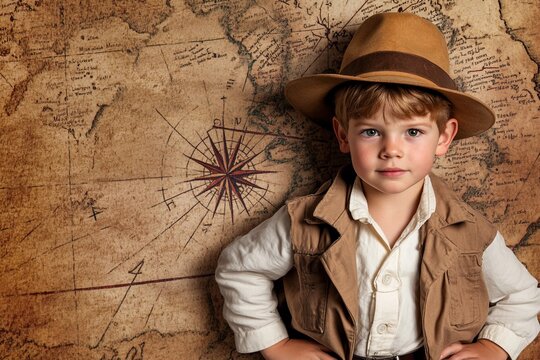 Brave little boy in an adventurer costume on ancient map background. Education, history and archeology concept. Studio portrait for poster, presentation, design
