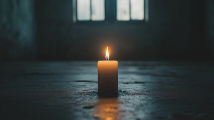 A solitary flame in a dark room representing inner strength and resilience, with a blurred background hinting at chaos, leaving space for a meaningful caption.

