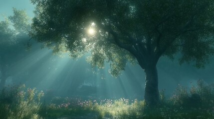 Obraz premium Sunbeams through misty forest trees at dawn.