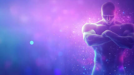 Powerful man, arms crossed, glowing aura, cosmic background, for fitness or spiritual themes.