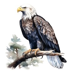 Obraz premium Majestic bald eagle perched on rock with forest background