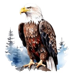 Naklejka premium Majestic bald eagle perched on rock with forest background