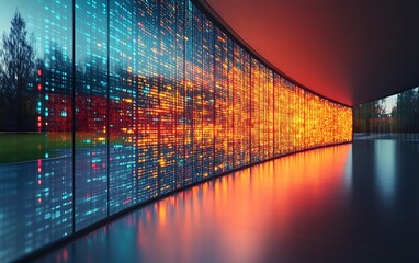 Futuristic data center with glowing digital wall.