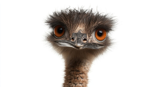 Close-up portrait of an emu's head and neck against a white background.